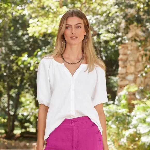 NWOT Sundance Graceful Days White 100% Linen Button Top - Picture 2 of 15